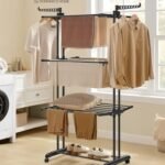 SONGMICS ruhaszárító, 4-szintes szabadon álló ruhaszárító, szárnyas ruhaszárító, összecsukható szárnyak, kerekekkel, 63,5 x 128 x 173 cm, nagy, könnyen összeszerelhető, tintafekete LLR701B01